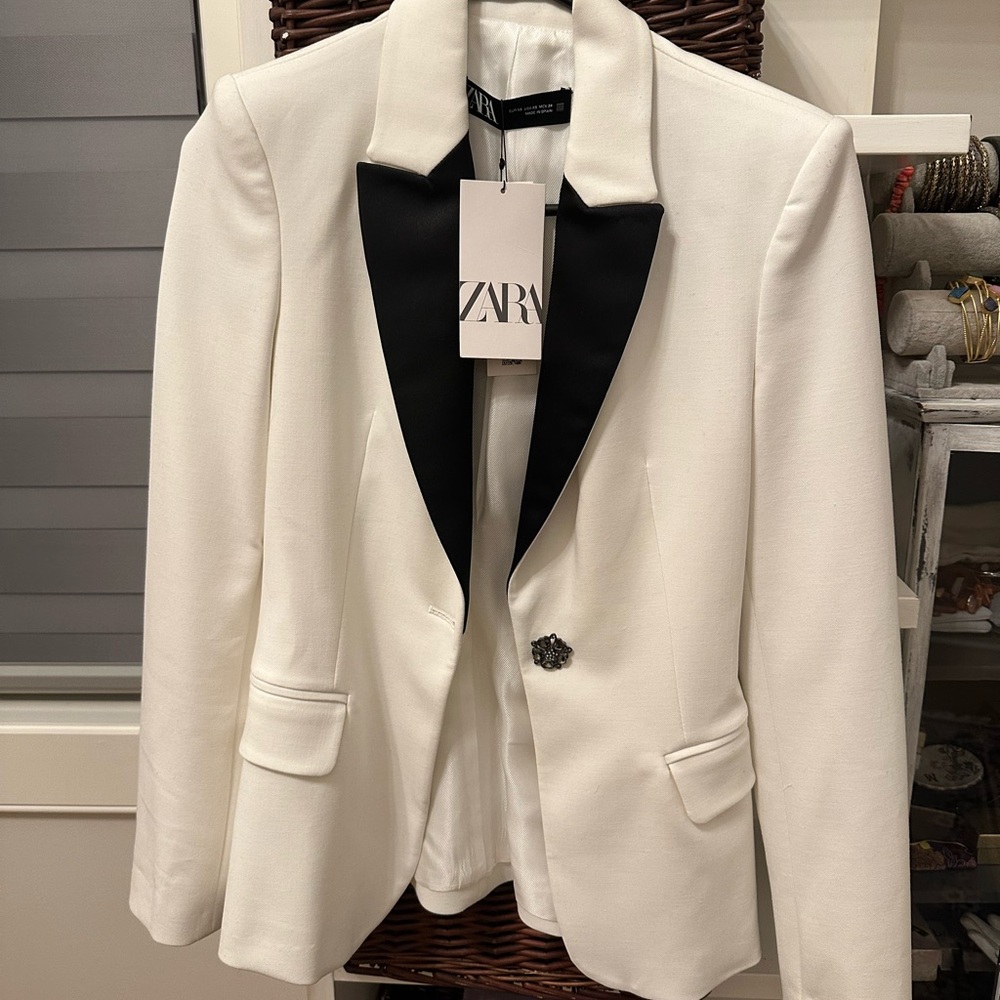 Zara White Blazer with Black Satin Lapel